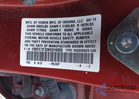 2019 Honda Civic Ex from USA, damaged, VIN 19XFC1F33KE016955